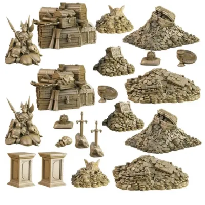 TerrainCrate Treasury set with treasure piles, chests, plinths, crowns, swords, goblets, and coin hoards.
