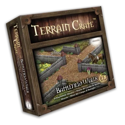 TerrainCrate Battlefield Walls box showing stone wall sections and gates for tabletop terrain.
