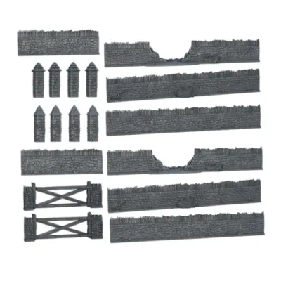 TerrainCrate Battlefield Walls set showing stone wall sections, pillars and gates.