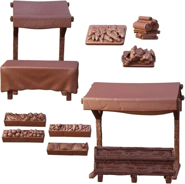 TerrainCrate Market Stalls set showing two wooden market stalls with crates, goods and supplies.