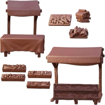 TerrainCrate Market Stalls set showing two wooden market stalls with crates, goods and supplies.