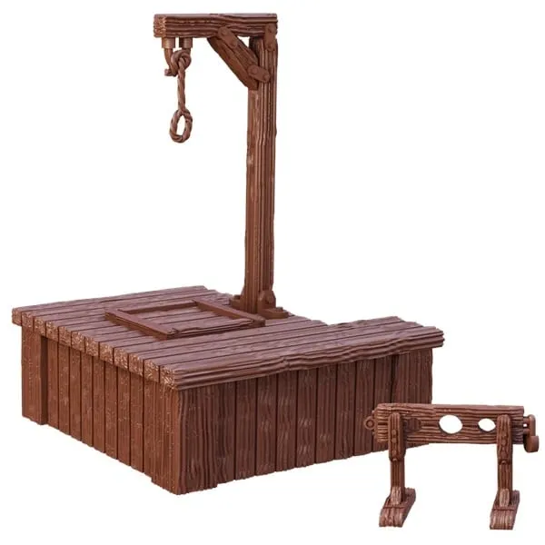 TerrainCrate Gallows &amp; Stocks set showing wooden gallows platform and stocks terrain pieces.