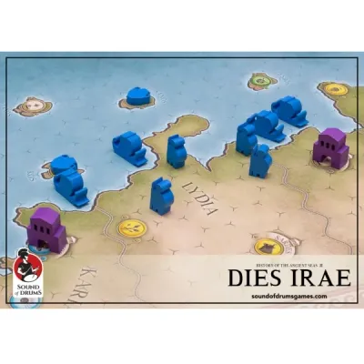 Dies Irae gameplay scene with blue and purple wooden pieces on the ancient Mediterranean map.