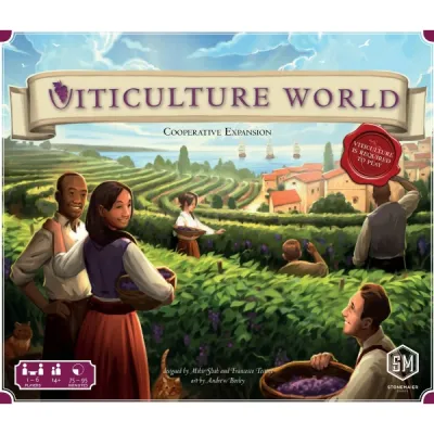 Viticulture World: Cooperative Expansion box front with vineyard workers harvesting grapes in a sunny landscape.