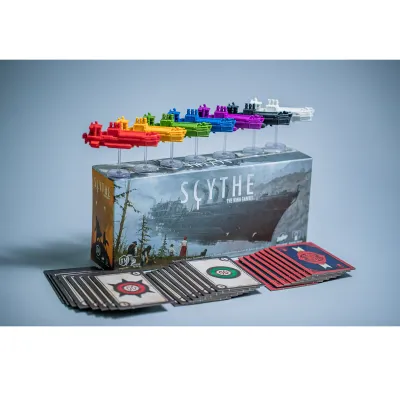 Scythe: The Wind Gambit components with airship miniatures, tiles, cards, and box.