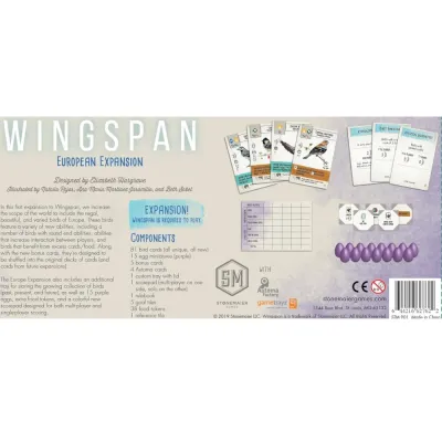 Wingspan: European Expansion box back with bird cards, goal tiles, purple eggs, and contents list.