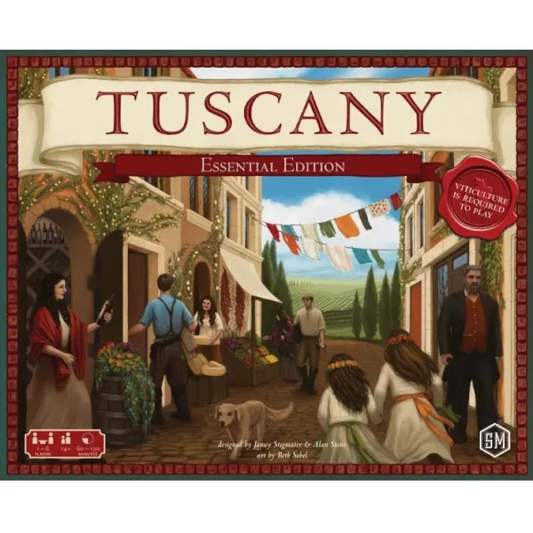 Tuscany Essential Edition box front with Italian market scene and Viticulture required to play badge.