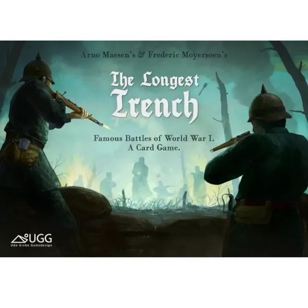 The Longest Trench WWI card game cover with soldiers aiming rifles across a dark battlefield.