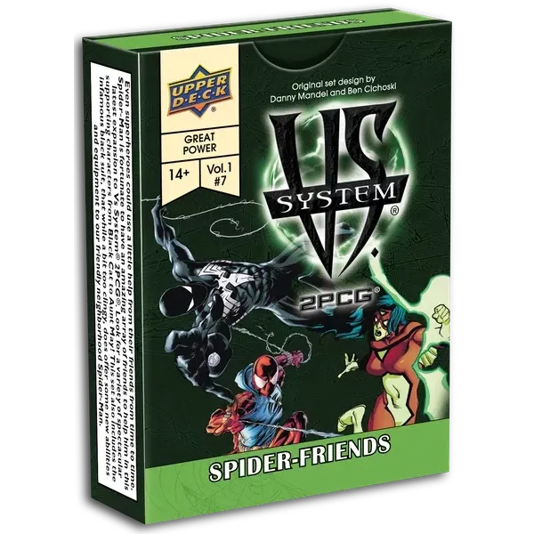 Vs. System 2PCG: Spider-Friends box front with Spider-Man, Venom, and other Marvel heroes.