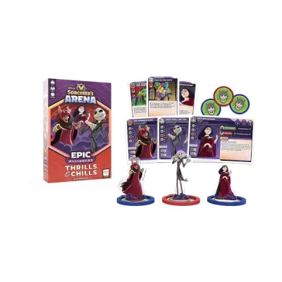 Disney Sorcerer’s Arena: Thrills &amp; Chills expansion contents with cards, tokens, and standees.