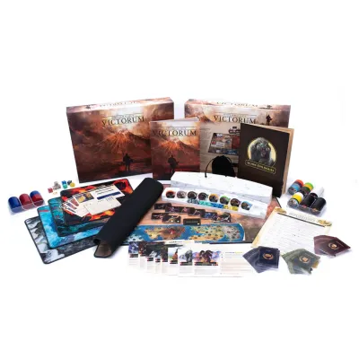 Hoplomachus: Victorum full box contents with mats, chips, cards, dice, and books.