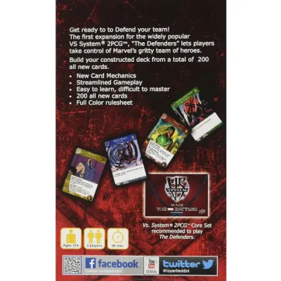 Vs. System 2PCG: The Defenders box back with card samples and contents summary.