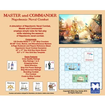 Master and Commander back cover with contents, game features, ship counters, markers, and naval combat example.