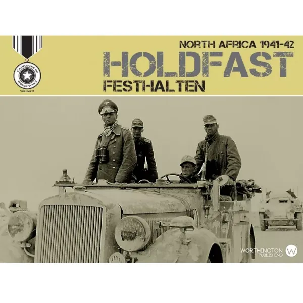 Box cover for Holdfast: North Africa 1941–42, showing German soldiers in a vehicle during the desert campaign.