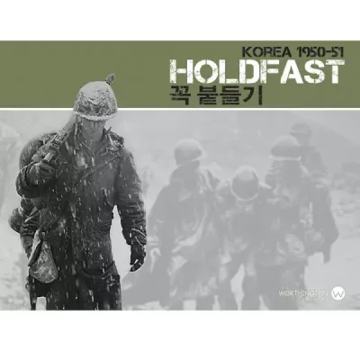 Box cover for Holdfast: Korea 1950–51, showing soldiers marching through snow during the Korean War.