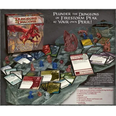 Dungeons &amp; Dragons: Wrath of Ashardalon components with dungeon tiles, cards, heroes and dragon miniatures.