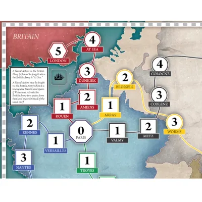 Game board detail for Levée en Masse, showing Paris and advancing fronts from Britain, Belgium, and Germany.