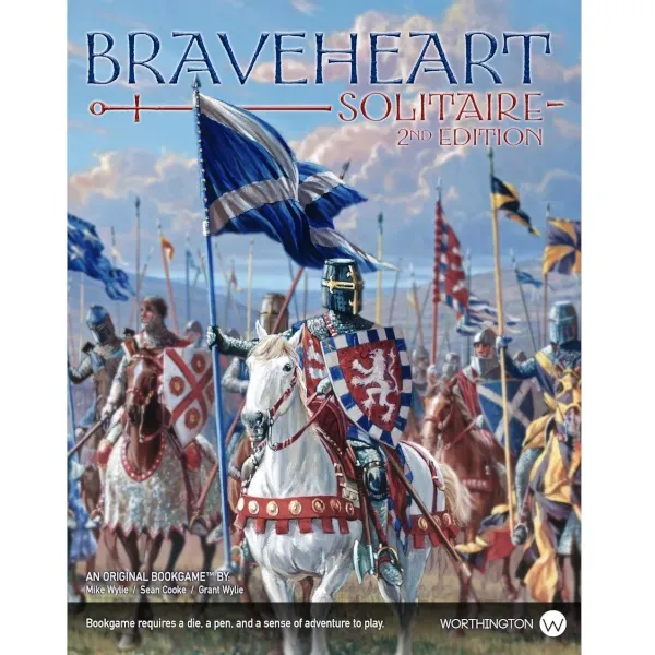 Cover for Braveheart Solitaire 2nd Edition, showing a mounted medieval knight carrying a Scottish flag.