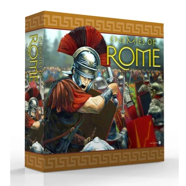 Box cover for Enemies of Rome, showing a Roman legionary with shield and sword amid a battlefield.