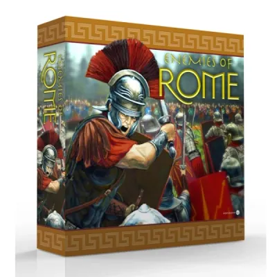 Box cover for Enemies of Rome, showing a Roman legionary with shield and sword amid a battlefield.