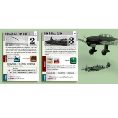 Malta Besieged cards showing Air Assault on Crete and Ark Royal Sunk with Stuka aircraft artwork