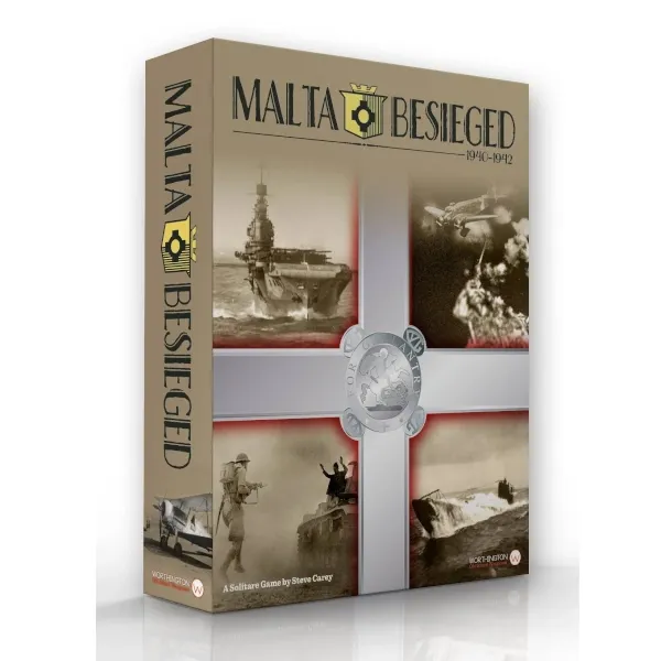 Box cover for Malta Besieged 1940–1942, showing WWII naval, air, and ground war images around a Maltese cross.