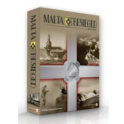 Box cover for Malta Besieged 1940–1942, showing WWII naval, air, and ground war images around a Maltese cross.