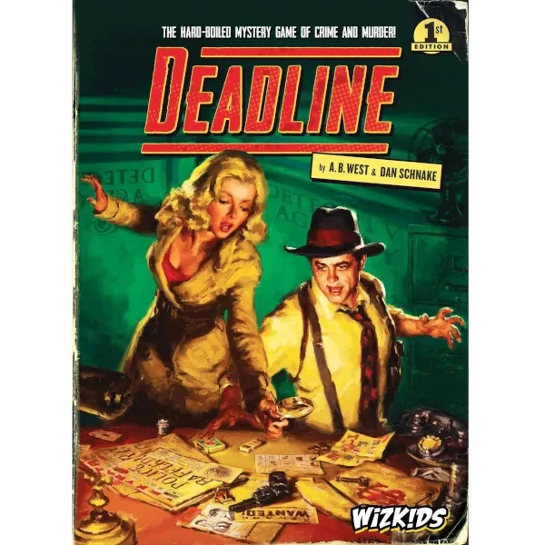 Deadline noir mystery game box with detectives investigating clues at a desk.