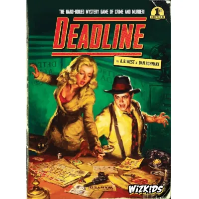 Deadline noir mystery game box with detectives investigating clues at a desk.