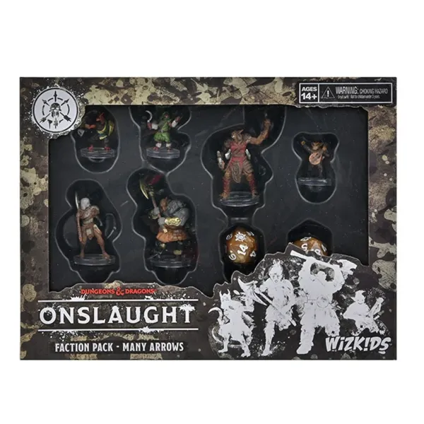 Dungeons &amp; Dragons: Onslaught Many-Arrows Faction Pack box with miniatures and faction dice.