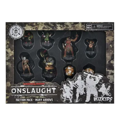 Dungeons &amp; Dragons: Onslaught Many-Arrows Faction Pack box with miniatures and faction dice.
