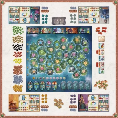 Yamataï game setup with island board, player mats, boats, buildings, coins and tiles.