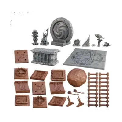 TerrainCrate Dark Lord’s Tower set with portal, altar, trapdoors, spell circle, ladder, spikes, and lair details.
