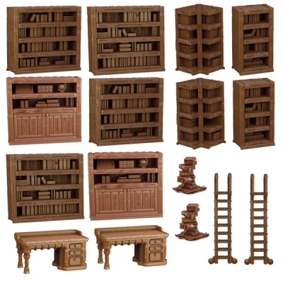 TerrainCrate Library set showing bookcases, desks, ladders and book stacks for fantasy terrain.