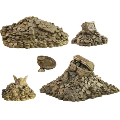 TerrainCrate Dragon’s Hoard set showing treasure piles, chests, coins and a goblet.