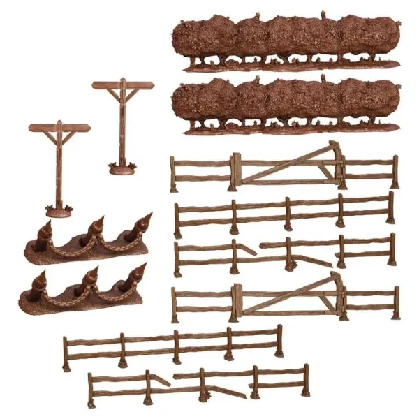 TerrainCrate Battlefield Fences &amp; Hedges set showing fences, hedges, barricades and signposts.