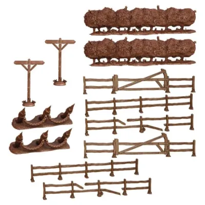 TerrainCrate Battlefield Fences &amp; Hedges set showing fences, hedges, barricades and signposts.