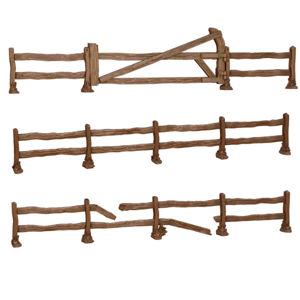 TerrainCrate Fences set showing three rustic wooden fence terrain pieces.