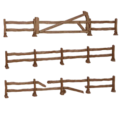 TerrainCrate Fences set showing three rustic wooden fence terrain pieces.