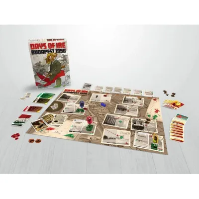 Days of Ire: Budapest 1956 game setup with board, cards, tokens, wooden pieces, and box.