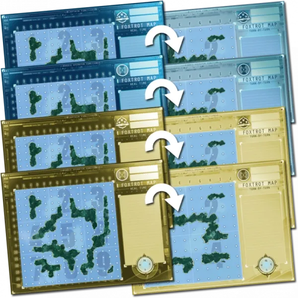 Captain Sonar: Foxtrot Map pack showing laminated submarine tracking maps with island-heavy layouts.
