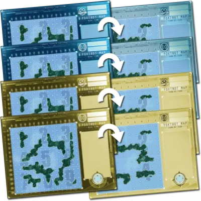 Captain Sonar: Foxtrot Map pack showing laminated submarine tracking maps with island-heavy layouts.