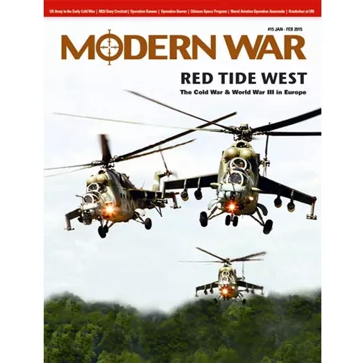Modern War #15: Red Tide West magazine cover with attack helicopters flying over wooded terrain.