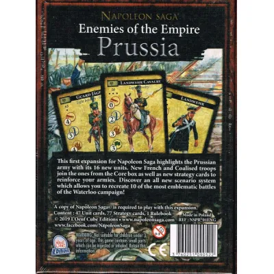 Napoleon Saga: Enemies of the Empire – Prussia expansion back with unit cards and product details.