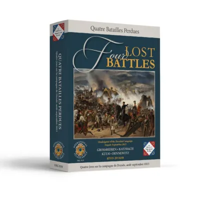 Box cover of Four Lost Battles, showing Napoleonic battle artwork on a teal and white OSG game box.
