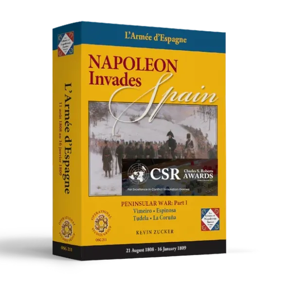 Box cover of Napoleon Invades Spain, showing winter campaign artwork on a yellow OSG game box.