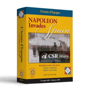 Box cover of Napoleon Invades Spain, showing winter campaign artwork on a yellow OSG game box.