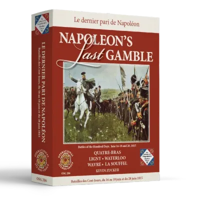 Napoleon’s Last Gamble box front with Napoleon on horseback and troops during the Hundred Days campaign.