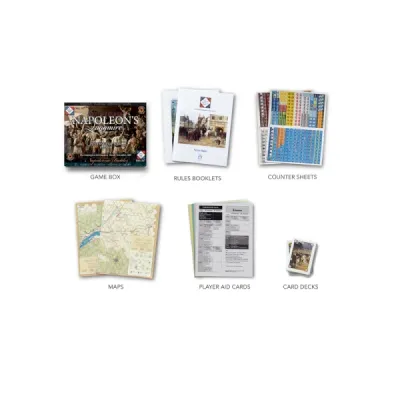 Components for Napoleon’s Quagmire, including box, rule booklets, counters, maps, player aids, and card decks.
