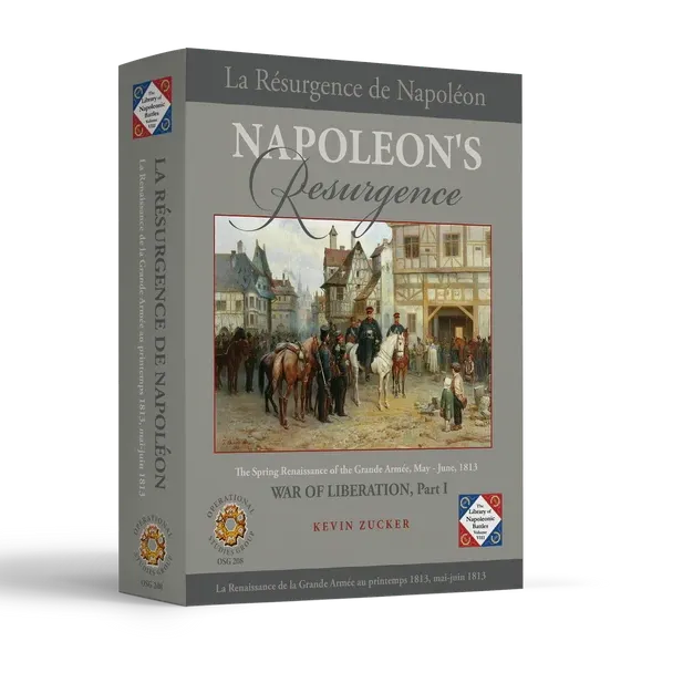 Box cover of Napoleon’s Resurgence, showing French troops in a town on a grey OSG game box.